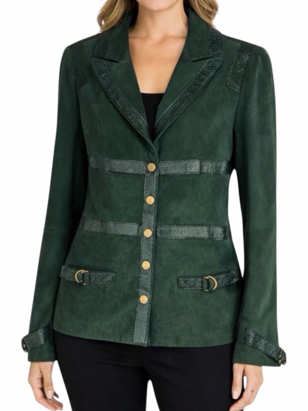 Worth NY Snake Leather Trim Suede Jacket Snap Button Dark Green Size 4